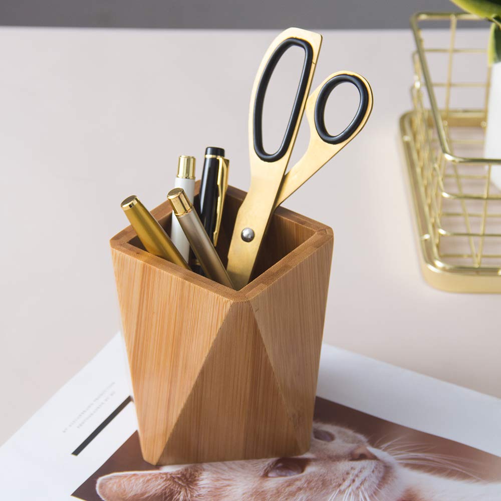 YOSCO Bamboo Wood Pen Holder Stand for Desk Geometric Pencil Cup Pot Cute Desktop Office Supplies, Makeup Brushes Organizer (Bamboo)