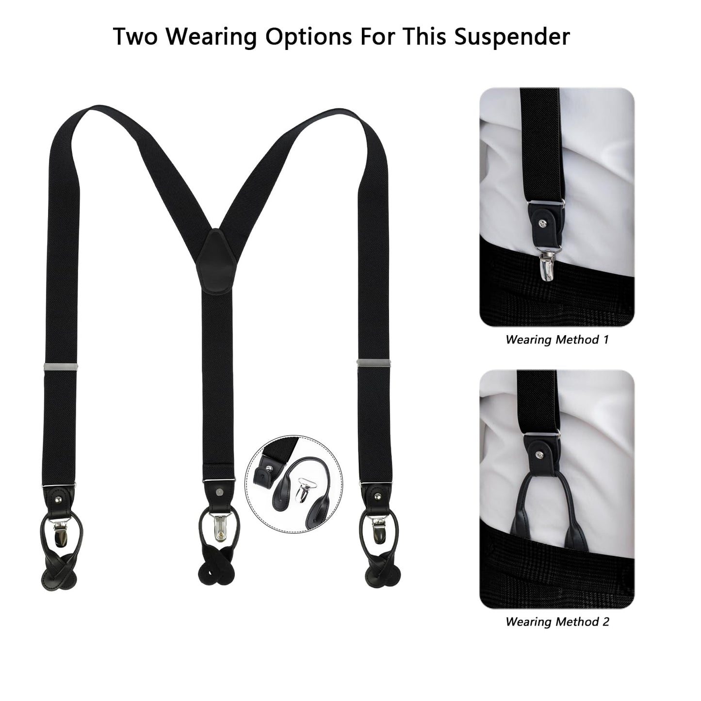 LEHOMU Men Suspenders Adjustable,1.4 Inch Wide Heavy Duty Y-Back Elastic Tuxedo Elastic Mens Suspenders with Leather Buttons and 3 Metal Clips,Dark Blue