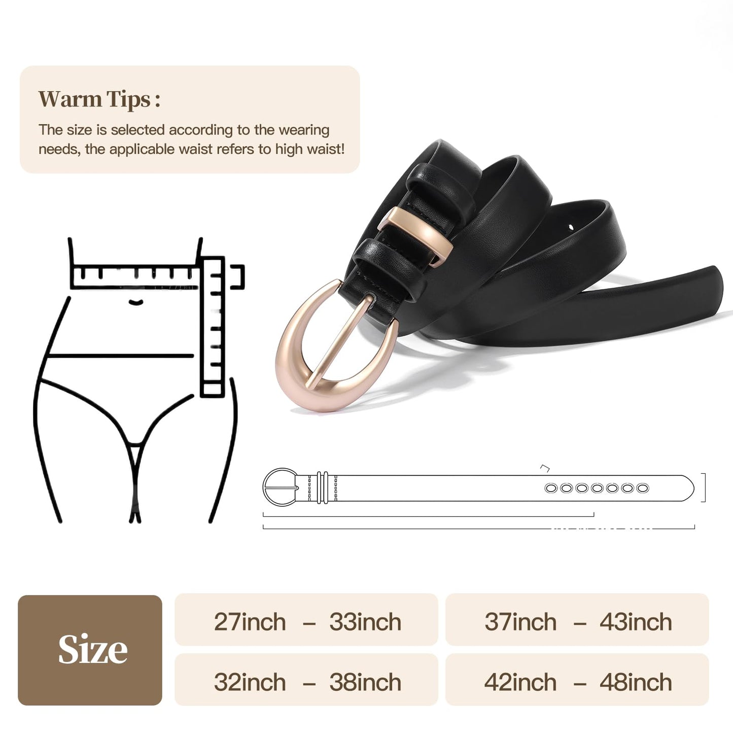 KONQUWA Women's Cow Leather Belt for Jeans Pants Fashion Ladies Skinny Dress Waist belt with Gold Buckle (Coffee/Gold Buckle,32″-38″)