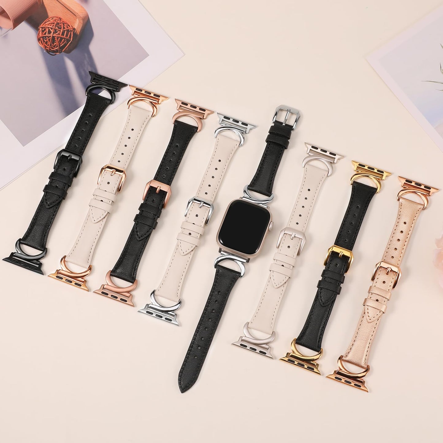 Minyee Leather Band Compatible with Apple Watch Bands 41mm 40mm 38mm 44mm 45mm 42mm 49mm Women, Slim Thin Dressy Designer Strap with C-Shape Metal Buckle for iWatch Ultra 2, Series