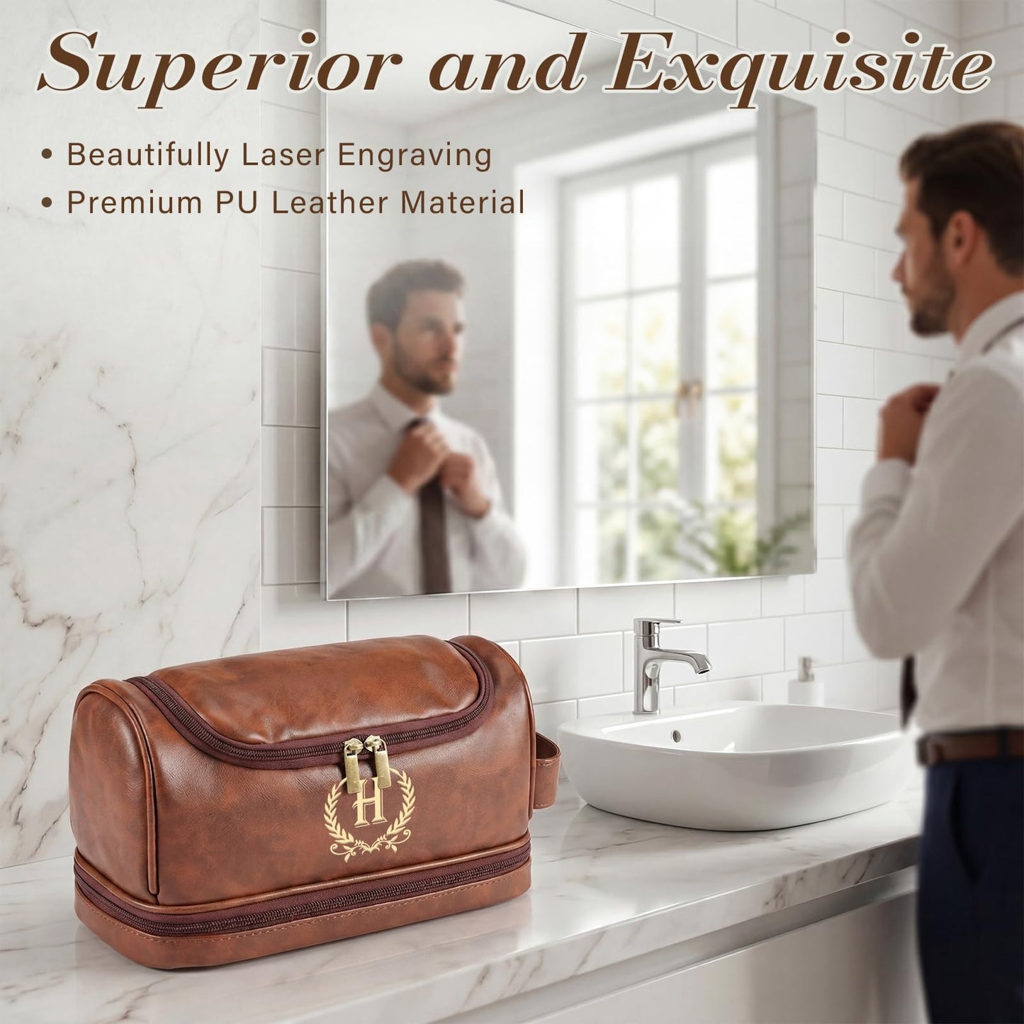 Groomsmen Gifts for Men Travel Toiletry Bag, Personalized Leather Toiletry Bag with Handle & Hook, Water Resistant Shaving Kit Bag for Wedding Party Bachelor Party Favors Bestman Gifts(T)