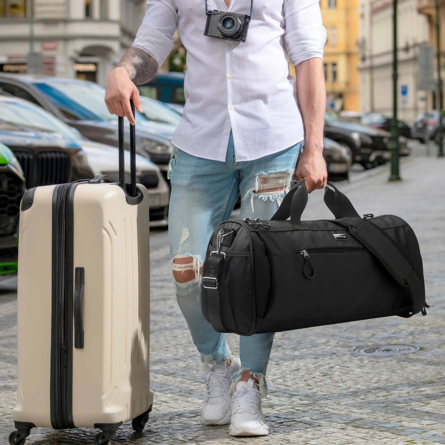 TOPDesign Gym Bag for Women & Men, Unisex Duffel Bag with Shoe Compartment & Wet Pocket for Travel Sports Gym (M Black)