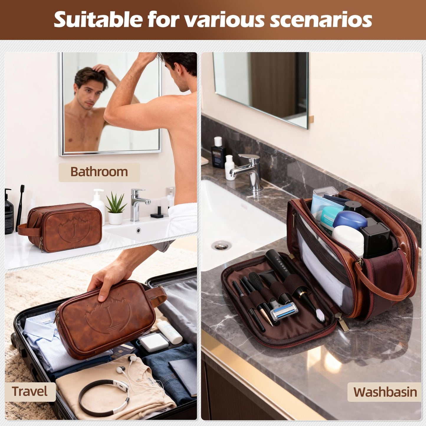 Ecttunafe Engraved Father Day Gifts Toiletry Bag for Men Dad Husband, Custom Initial PU Leather Waterproof Toiletry Organizer Dop Kit Shaving Bag Travel Essentials, Large, Durable, Brown,J
