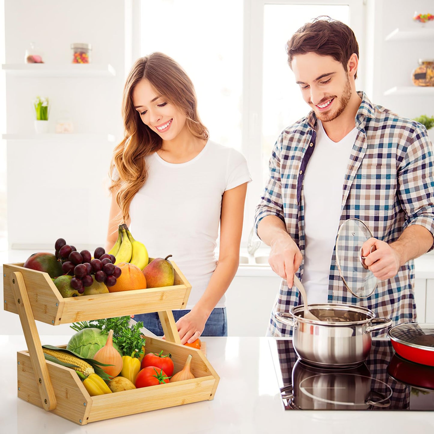 G.a HOMEFAVOR Large Bamboo Fruit Basket, 2-Tier Fruit Bowl for Kitchen Counter, Vegetable Storage Stand for Fruit Shop, 15 mm Thickness (Self-assembly)