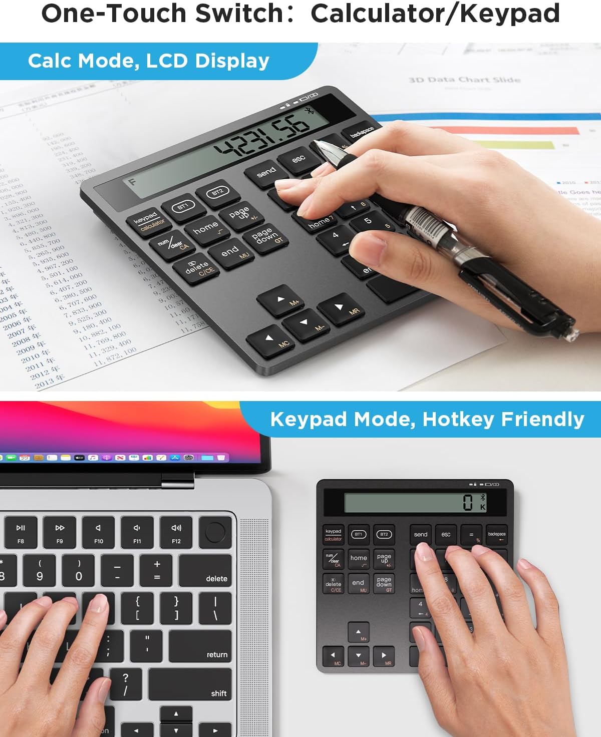 Awelbuy 34-Key Rechargeable Wireless Number Pad for Laptop, Dual Bluetooth Number Keypad with Calculator Display