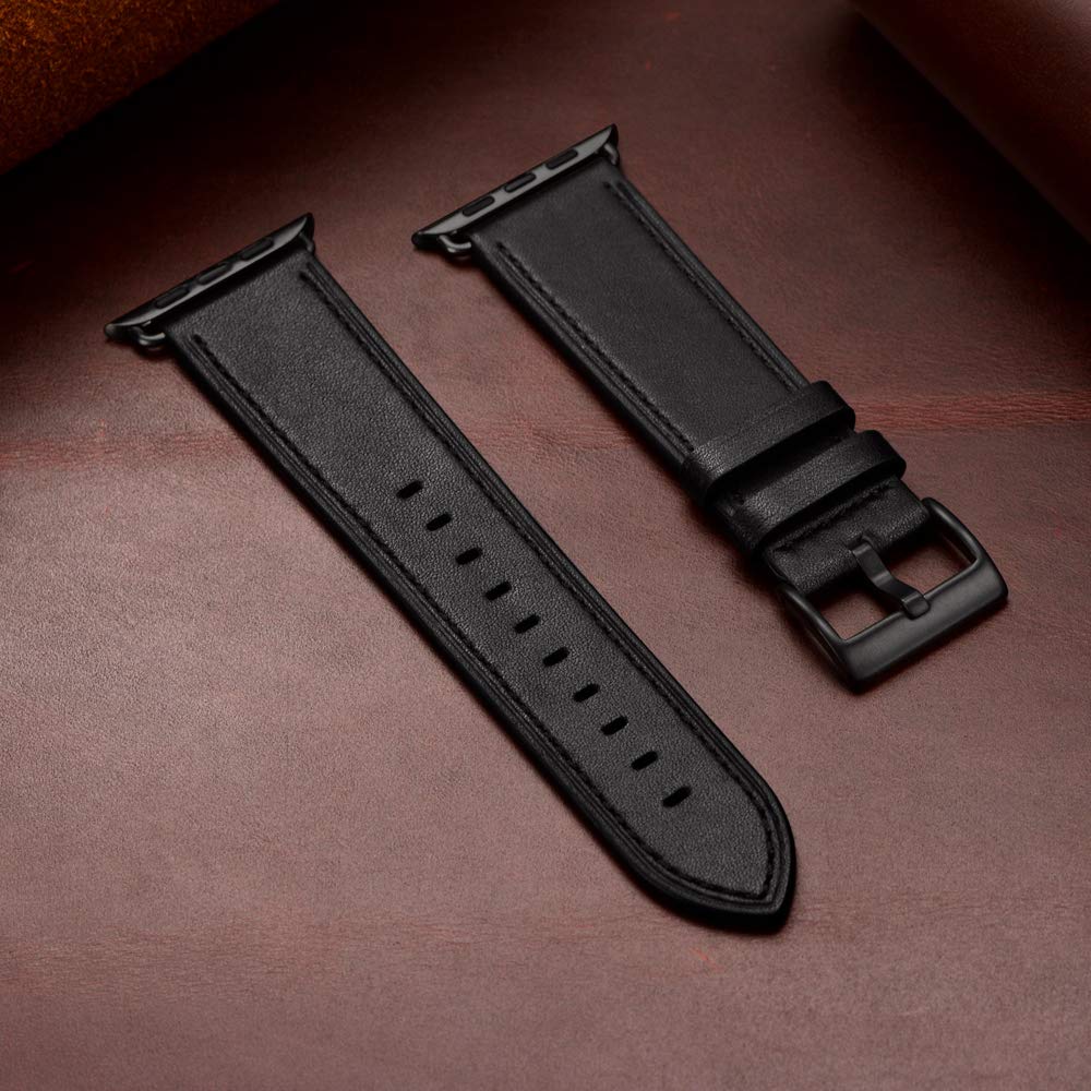 OUHENG Leather Bands Compatible with Apple Watch Band 49mm/46mm/45mm/44mm/42mm, Genuine Leather Strap Compatible with iWatch Ultra 3/2/1 & Series 11/10/9/8/7/6/5/4/3/2/1 & SE3 SE2 SE, Black/Black