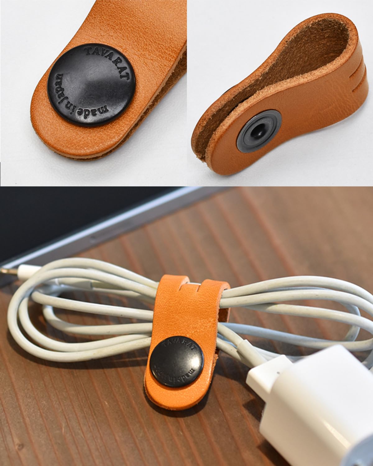 TAVARAT Cord Organizer, Long size, Cable Organizer, Charger Organizer, made in Japan, Genuine Leather, Cable Straps, (Long size, Black, set of 3)