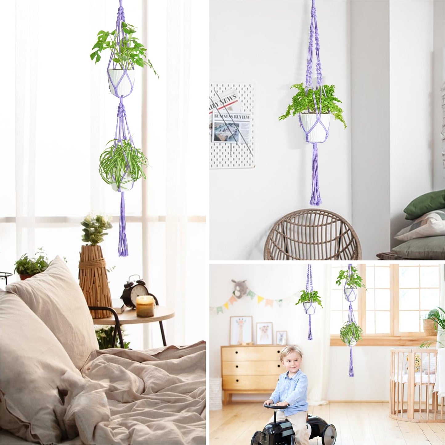 XXXFLOWER 3 Pack Macrame Plant Hanger Indoor Set with Hooks Handmade Woven Cotton Rope Flower Pot Crochet Plant Holder Stand Boho Plant Decor Hanging Planter Baskets Set of 3 with Beads Purple