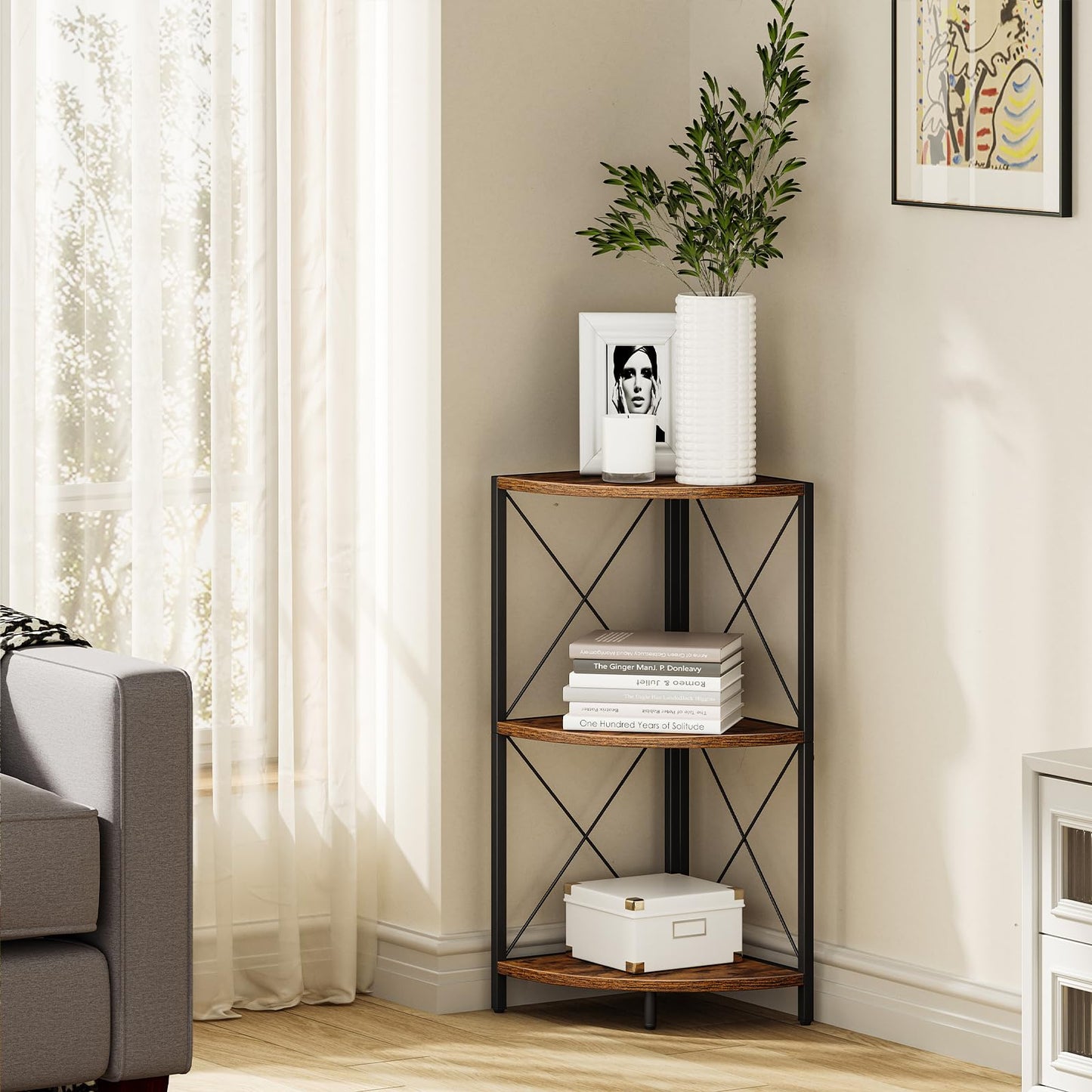Snughome Corner Shelf with Metal Frame, 3 Tier Rustic Corner Storage Organizer, Freestanding Corner Bookshelf Stand Display Rack for Kitchen, Living Room