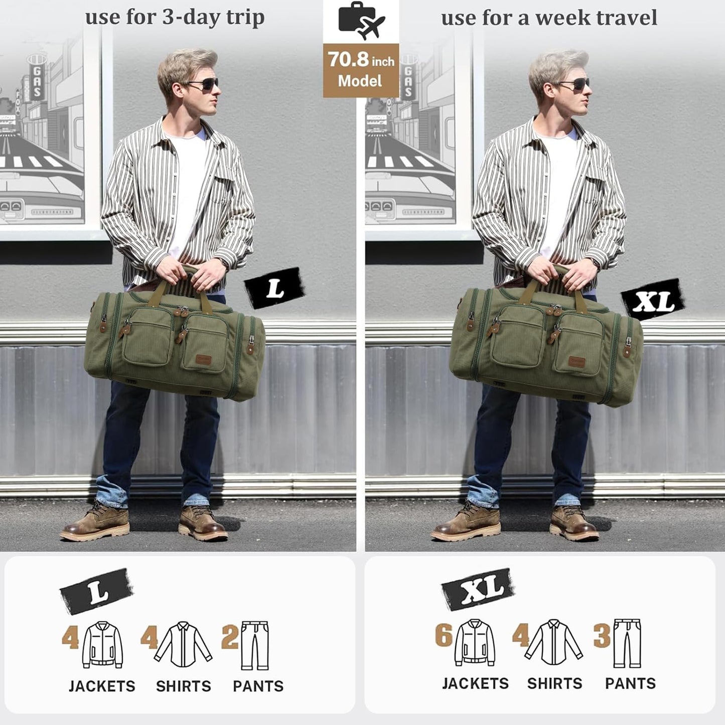 Gonex Canvas Duffle Bag for Travel, Expandable Water Resistant 60L Carry on Duffel Overnight Weekender Gym Bag with Wet Dry Separation Pocket & Suitcase Handle Sleeve, Army Green