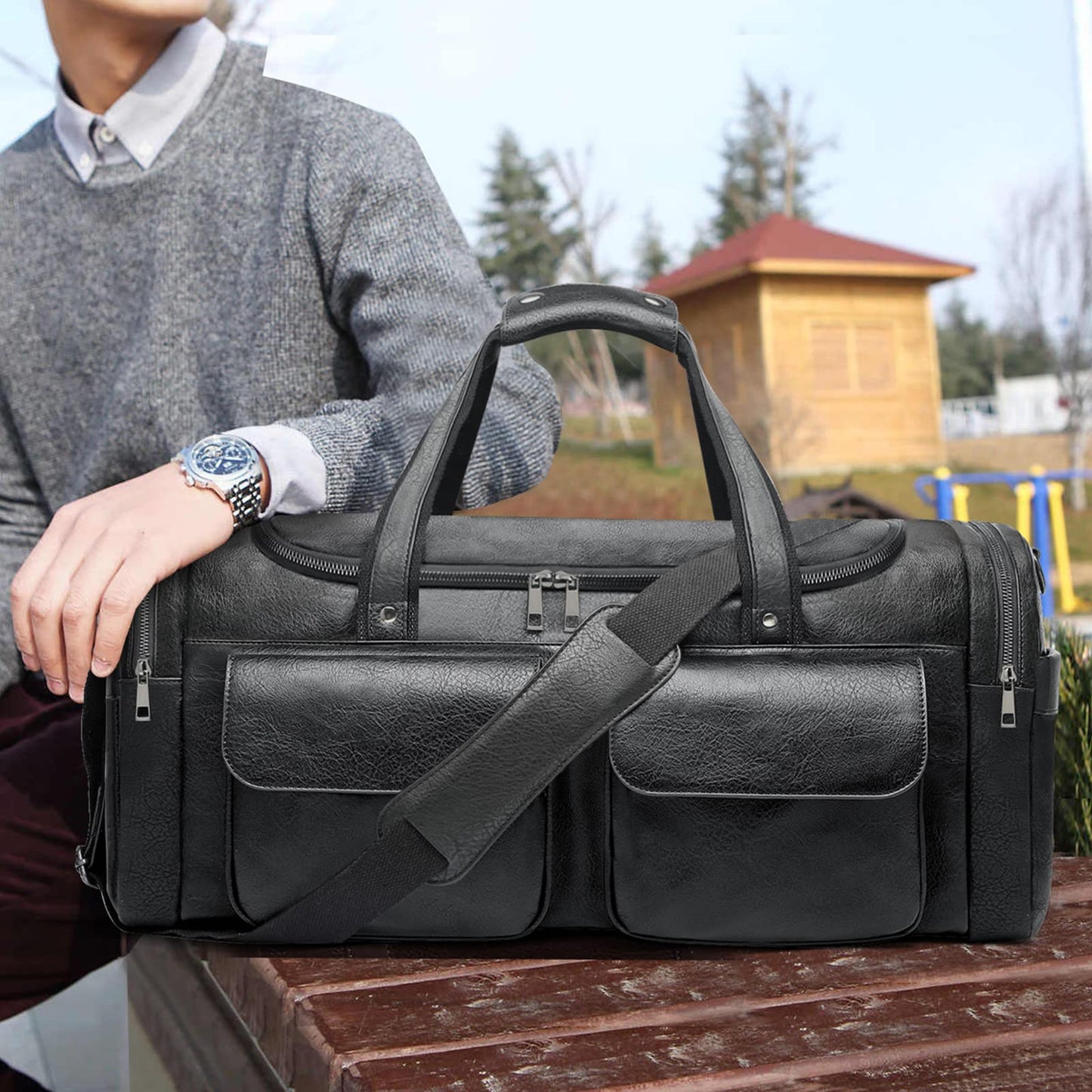 BOLOSTA Travel Duffel Bag for Men Women, Large PU Leather Carry on Duffle Bags for Traveling, Waterproof Overnight Weekender Duffel Bag with Shoe Compartment - Perfect for Daily Use/Birthday Gift