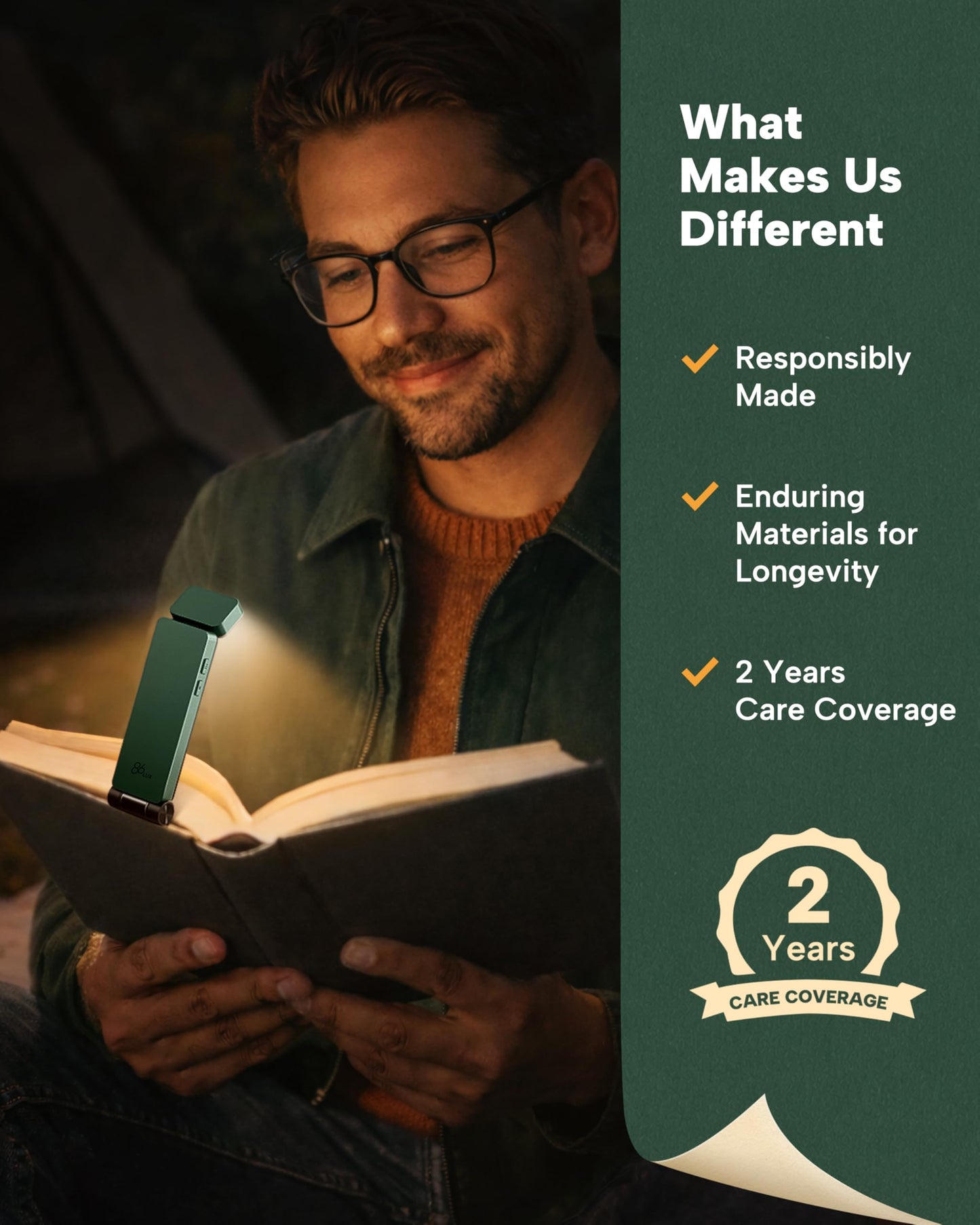 86lux Book Light, Rechargeable Clip-On LED Reading Light for Bed & Night Use - 3 Color Temperatures with Stepless Dimming, Ultralight Bookmark Design for Kids, Book Lovers, Green