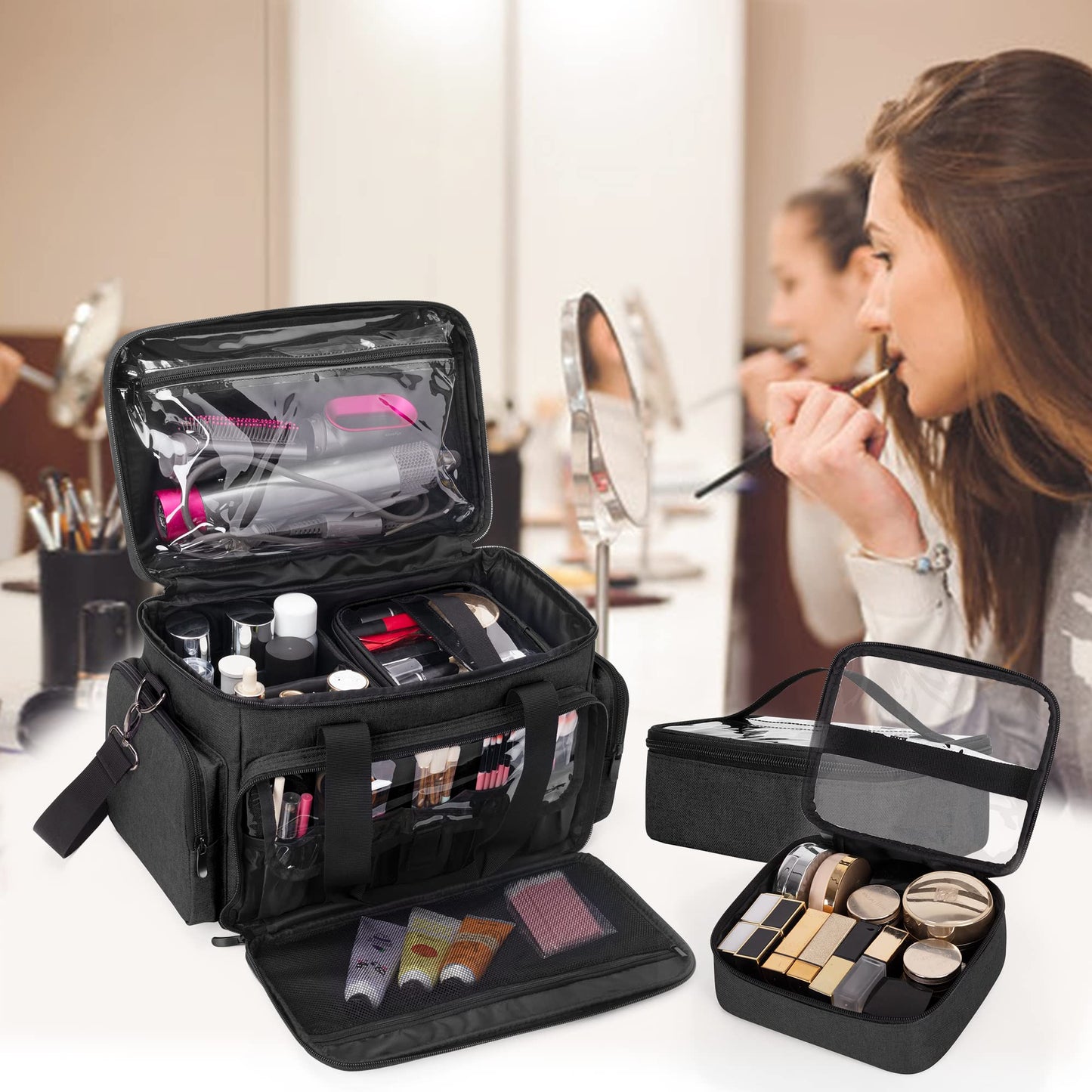BAFASO Large Makeup Bag with 2 Removable Pouches and Detachable Dividers, Multifunctional Cosmetic Bag to Keep Makeup and Hair Supplies (Patent Pending), Black
