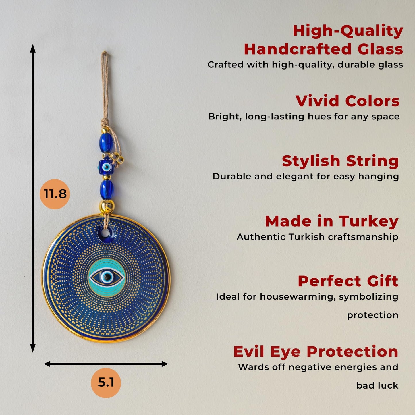 Orenda-Turkish Evil Eye Wall Hanging, 5.1 in Diameter, Handmade Glass Nazar ā Protection and Good Luck for Home, Office, or Gifts