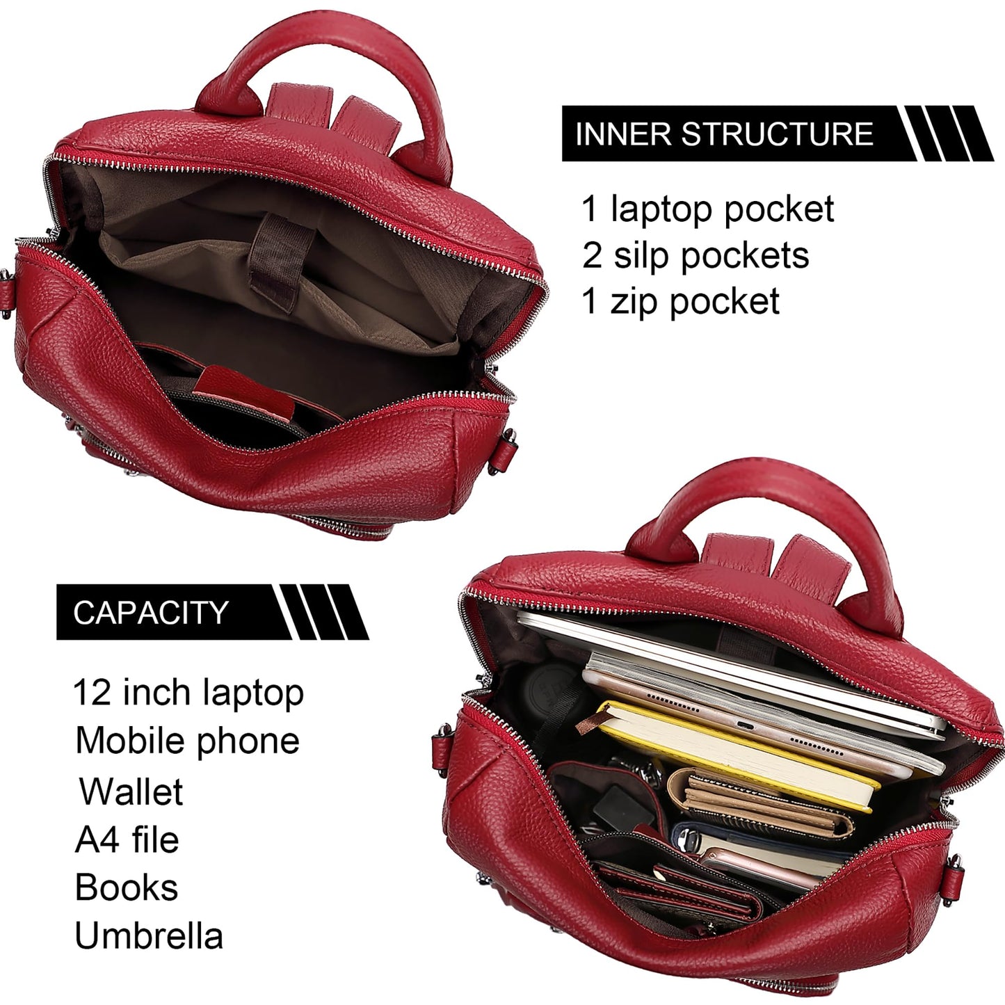 ALTOSY Genuine Leather Backpack Purse for Women Large Shoulder Bag With Laptop Compartment Multiple Pockets(S106 Red)