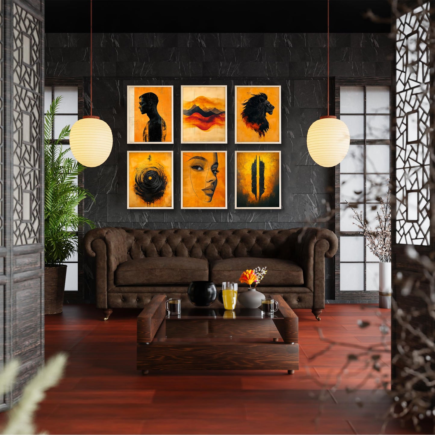 Eastern Print Set of 6 Abstract Masculine Wall Art Prints β Bold Orange & Black Lion, Silhouette, Face Line Posters β Modern Unframed 8x10 Decor for Menβs Room, Office, Man Cave or Creative Studio