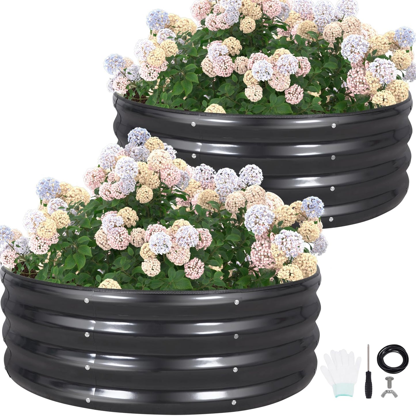 G GOOD GAIN Round Raised Garden Bed - 2Pcs 3x3x1ft Galvanized Steel Planter Boxes Outdoor with Rubber Edge Trim | Metal Raised Beds for Gardening Vegetables Flowers Fruits Herbs (Dark Grey)