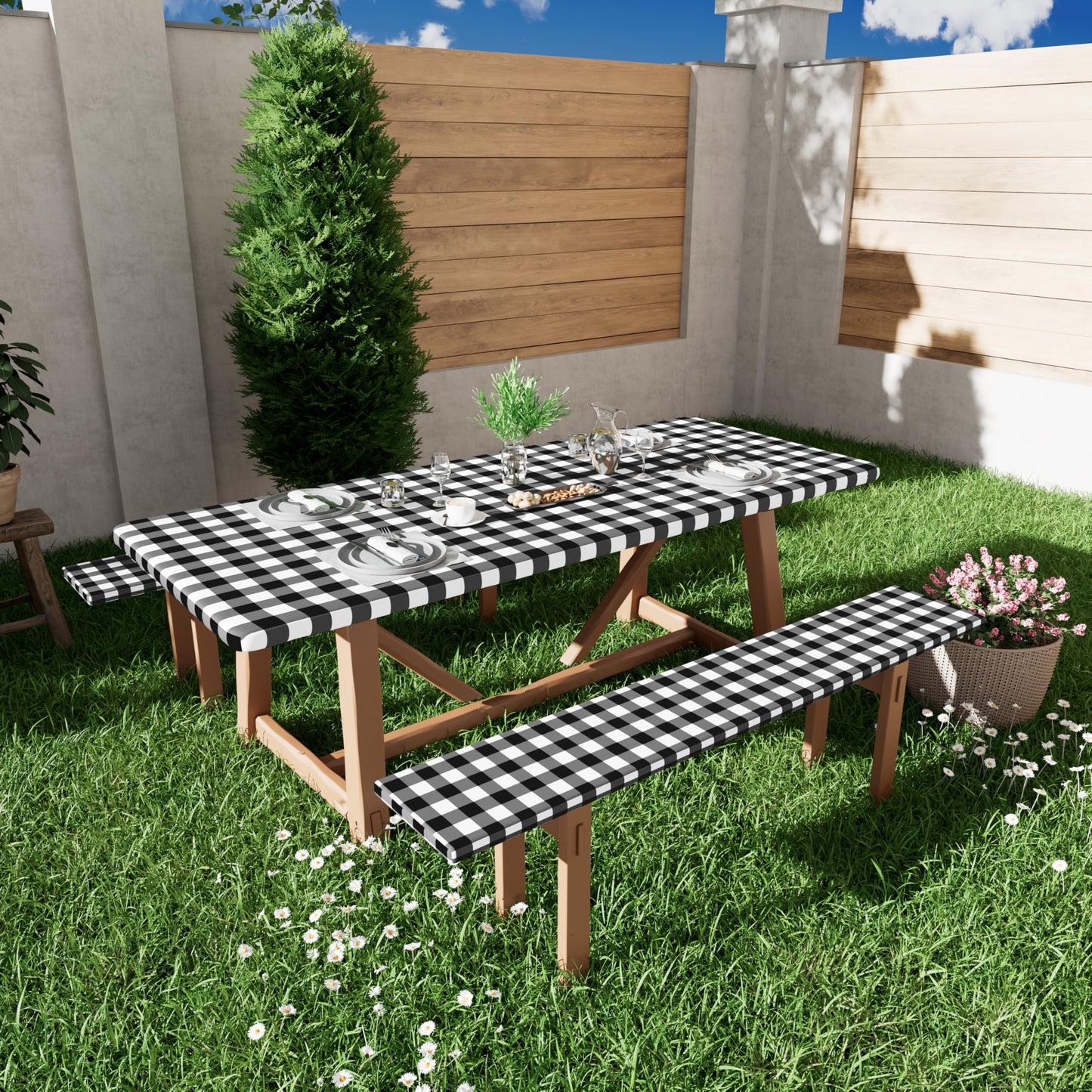 Smiry Picnic Table Cover with Bench Covers, Waterproof Elastic Fitted Tablecloths for 6 Foot Rectangle Tables, Washable Buffalo Plaid Tablecloth for Camping, Outdoor (Black & White, 30"x72")