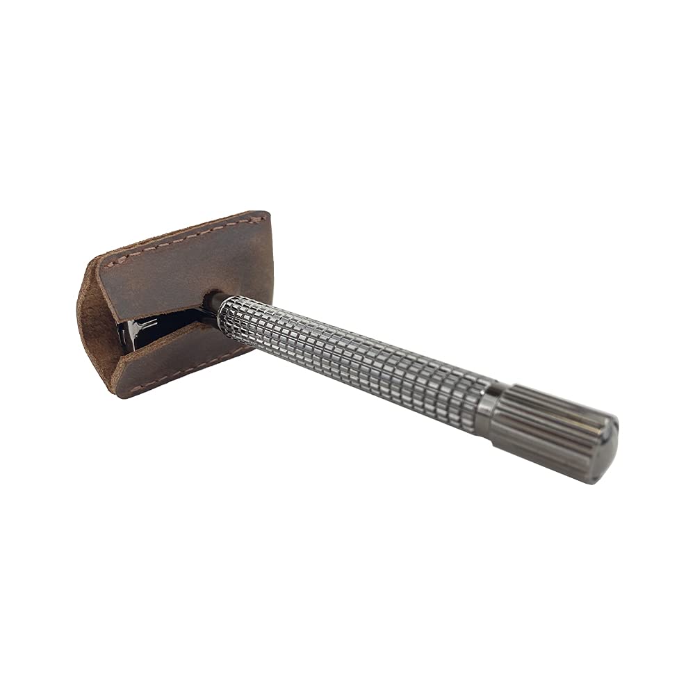 Hide & Drink, Leather Double Edge Safety Razor Head Protective Sheath, Shaving Travel Cover Handmade (Bourbon Brown)