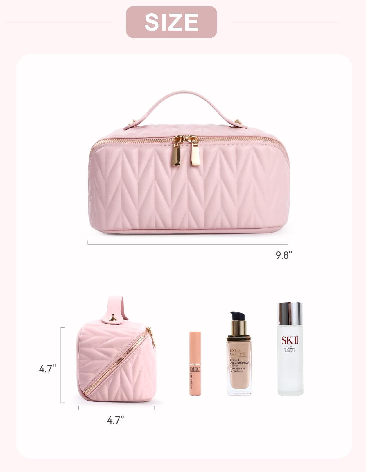 VIDIBESTY Travel Makeup Bag for Women, Large Capacity Cosmetic Bags for Girls, Compact Pouch Make up Organizer, Waterproof Toiletry Bag with Divider and Handle (Pink)