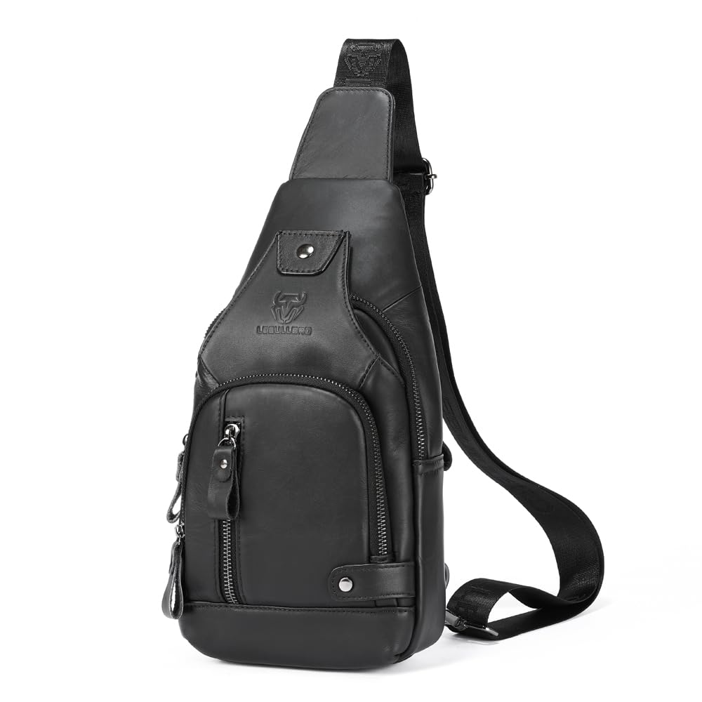 LEBULLBRO Sling Bag for Men Genuine Leather Chest Bag Crossbody Backpack Travel Hiking Outdoor Sports