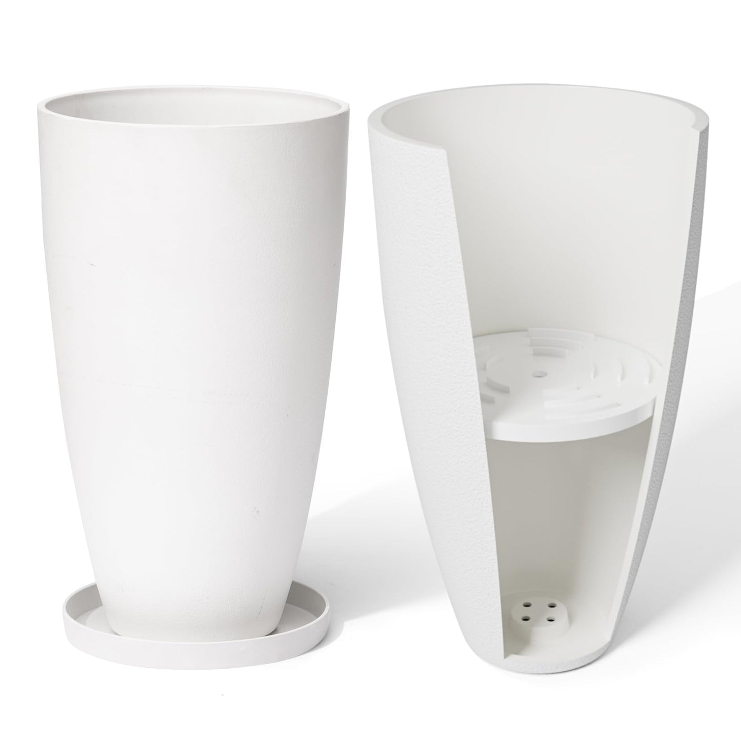 LA Jolie Muse Tall White Planters Set of 2,20 Inch Indoor/Outdoor Round Planters with Shelf Inset,Modern Large Planters with Drainage Holes for Front Door,Balcony and Patio Deck
