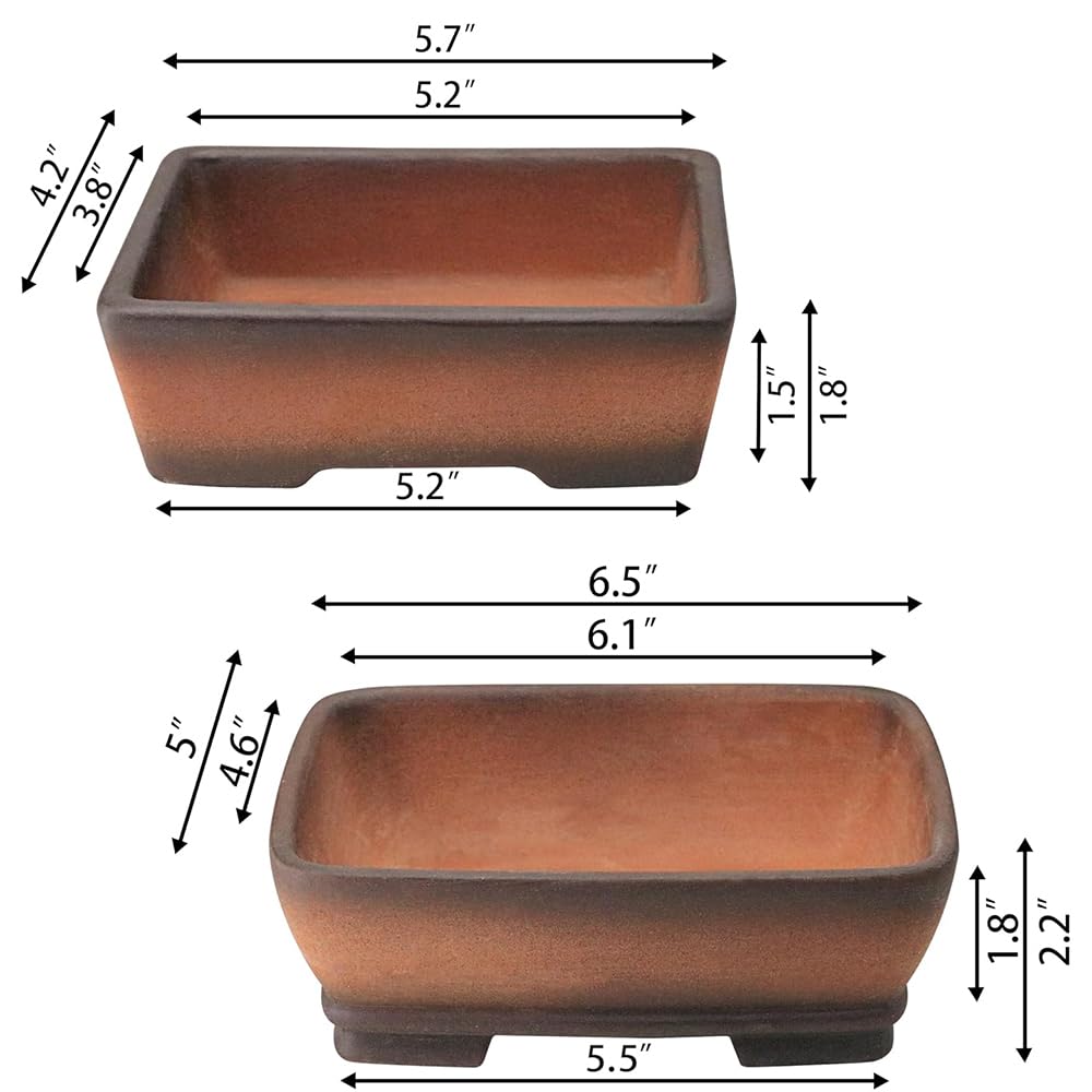 MUZHI 2 Pack Handmade Color Gradational Terracotta Bonsai Pot 5 Inch and 6 Inch with Drip Tray, Breathable Unglazed Rectangle Ceramic Planter for Tree Succulent Cactus