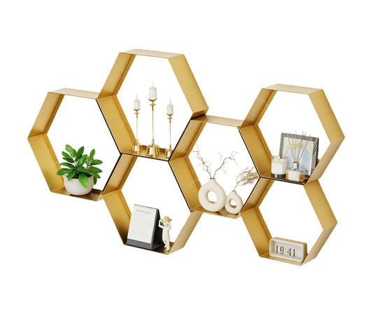 Gonice Hexagon Floating Shelves Set of 6, Gold Metal Wall Mounted Shelves for Home Decor, Honeycomb Display Shelf for Living Room, Bedroom and Office