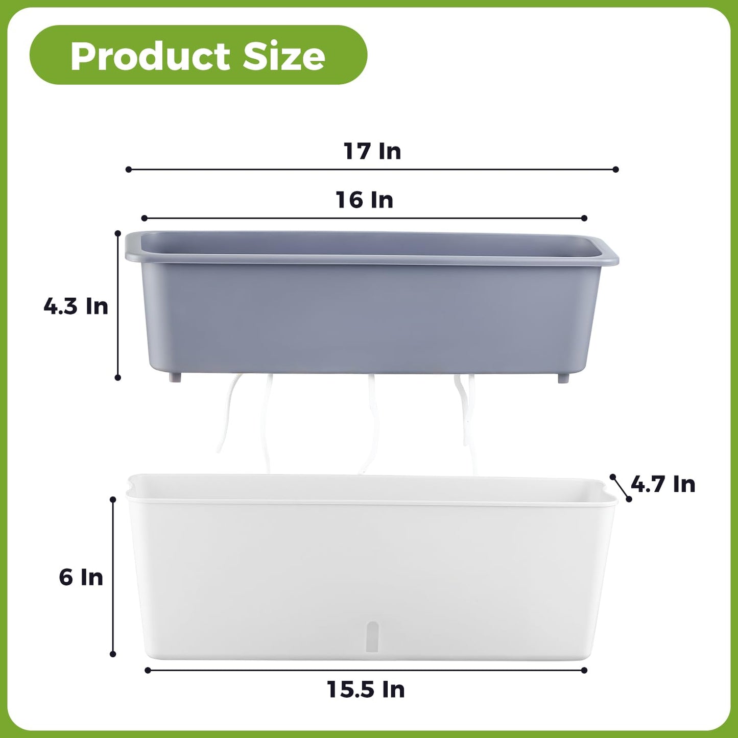 2 Pack Rectangular Planter 17 x 4.5 in Self Watering Planter Window Sill Planters Indoor Rectangle Planter Self Watering Pots Plastic Plant pots with Drainage Holes White Flower Pot Indoor