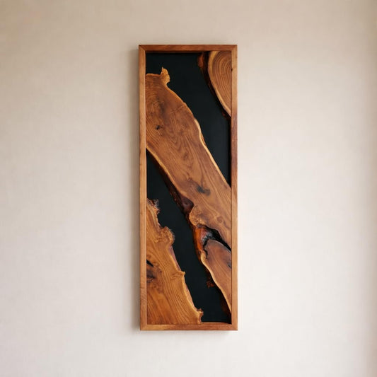 Modern Rustic Wall Art - Live Edge Olive Wood Single Panel Decor - Black Background Wood Art - 14"x30"