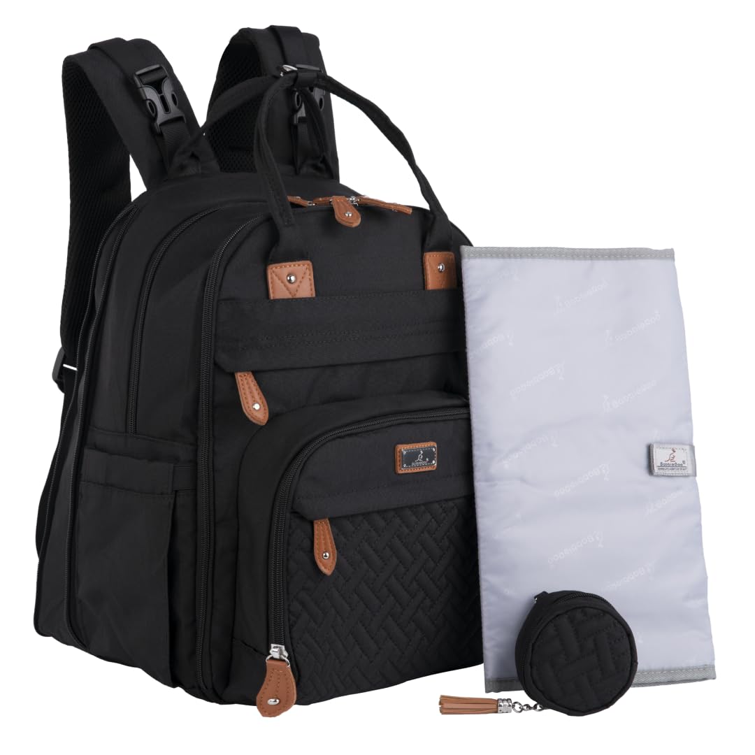 BabbleRoo Extra Large Diaper Bag Backpack, Expandable Baby Bag with Up to 50% More Capacity - Travel Essentials Baby Bag Tote with Changing Pad, Stroller Straps & Pacifier Case - Unisex, Black