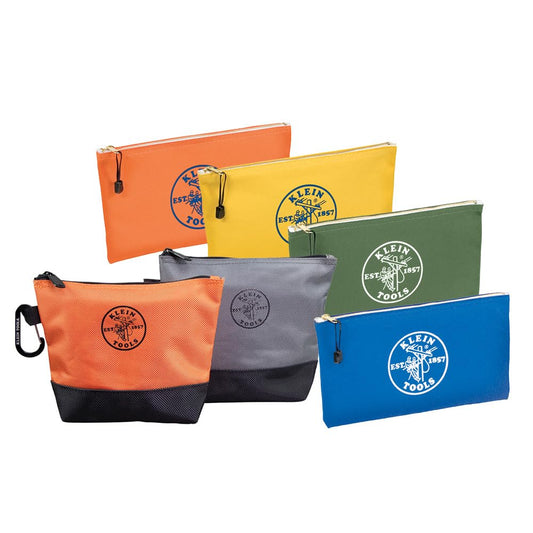 Klein Tools 80056 Tool Bag Storage Kit, 1680d Stand-Up and Canvas Zipper Pouches, Assorted Colors, 6-Piece