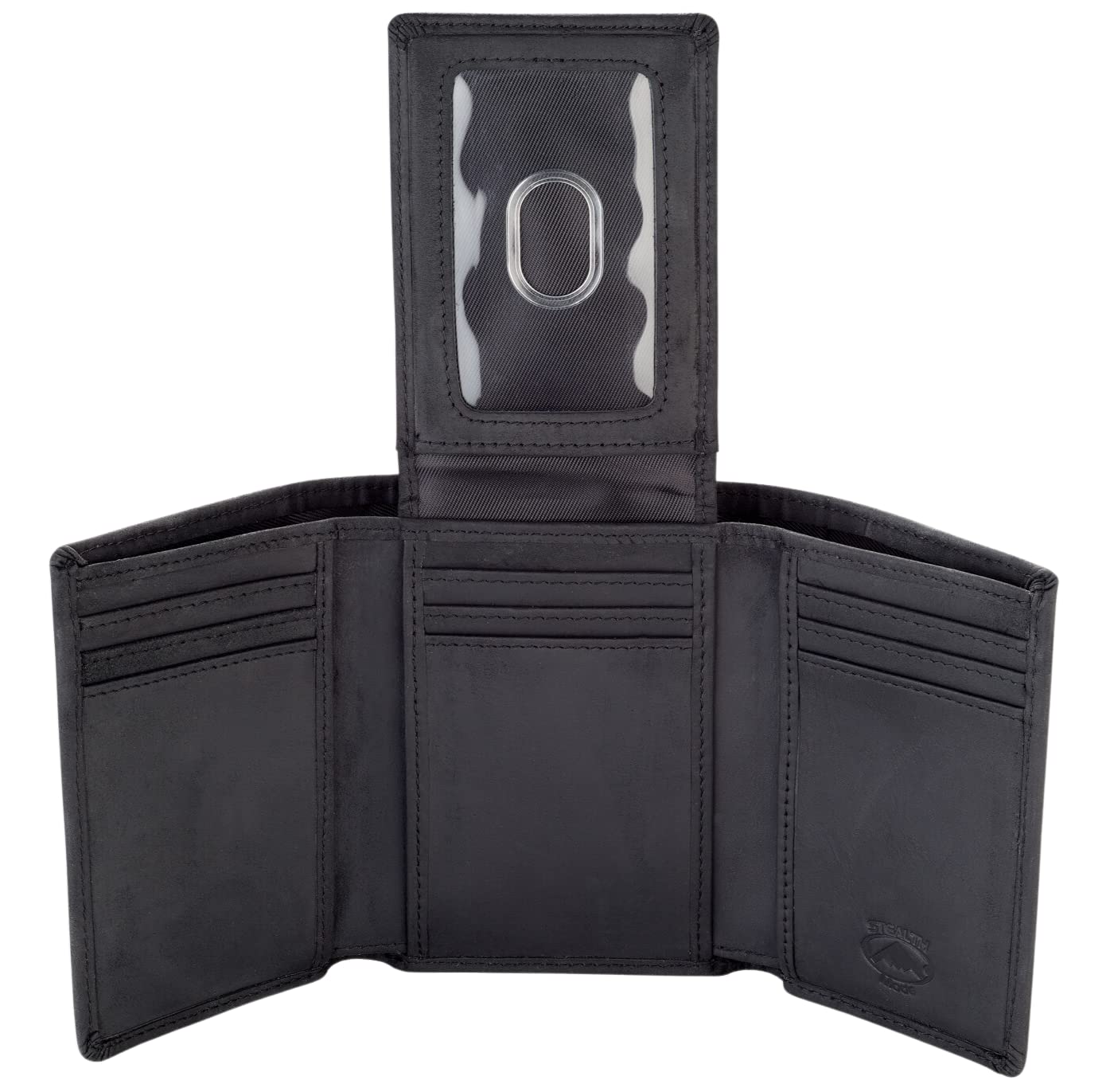 Stealth Mode Trifold Leather Wallet for Men with ID Holder and RFID Blocking (Black)