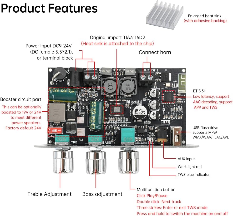 2-Pack ZK-1001U TWS,100W 9-24V Mono Bluetooth AMP Board with Vehicle Amplifier Input Wide Voltage Home Audio Amplifier