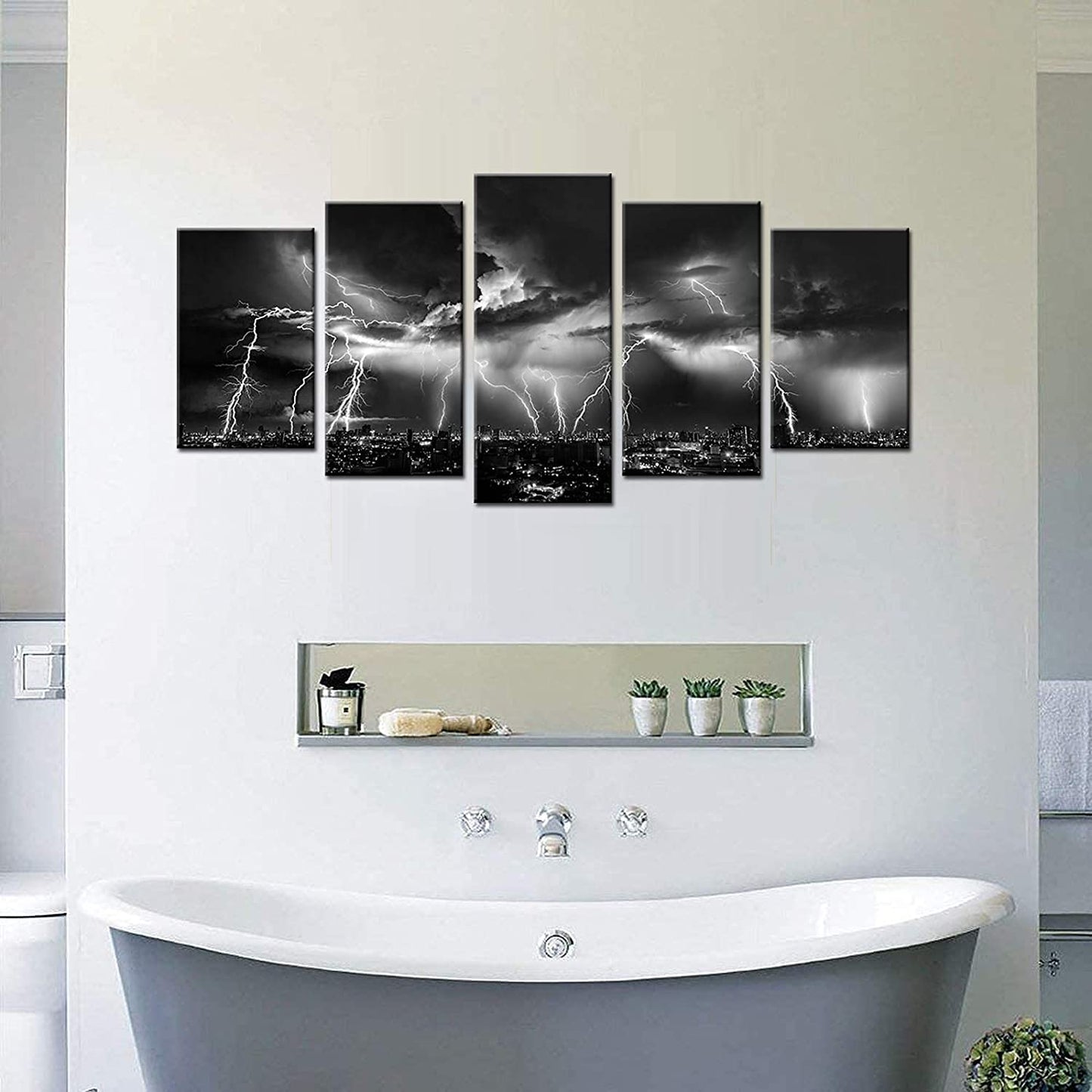 Biuteawal - Black and White Wall Art Nature Lightning Strikes in The Clouds Painting on Canvas Storm and City Night View Picture Print for Home Office Living Room Decoration Wall Decor