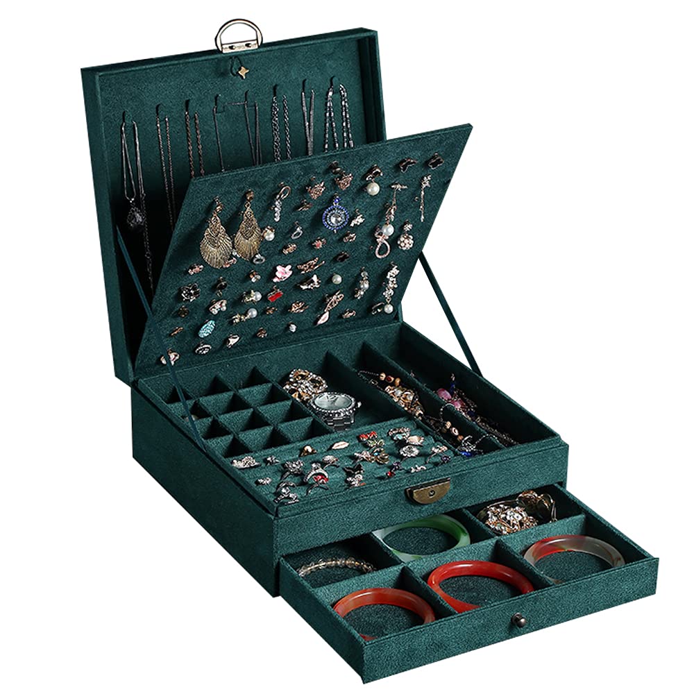 GYJOYERO Women Jewelry Box Lockable 3 Layers Large Jewelry Organizer Storage Case for Earrings Necklaces Rings Bracelets,Green Display Jewel Holder (Green)