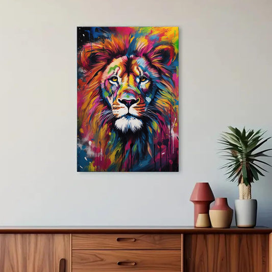 Colorful Lion Canvas Wall Art Framed, Majestic Multicolored Lion Canvas Artwork Animal Pictures Wall Decor Living Room Chilren Home Office Decoration Painting 12x16inch