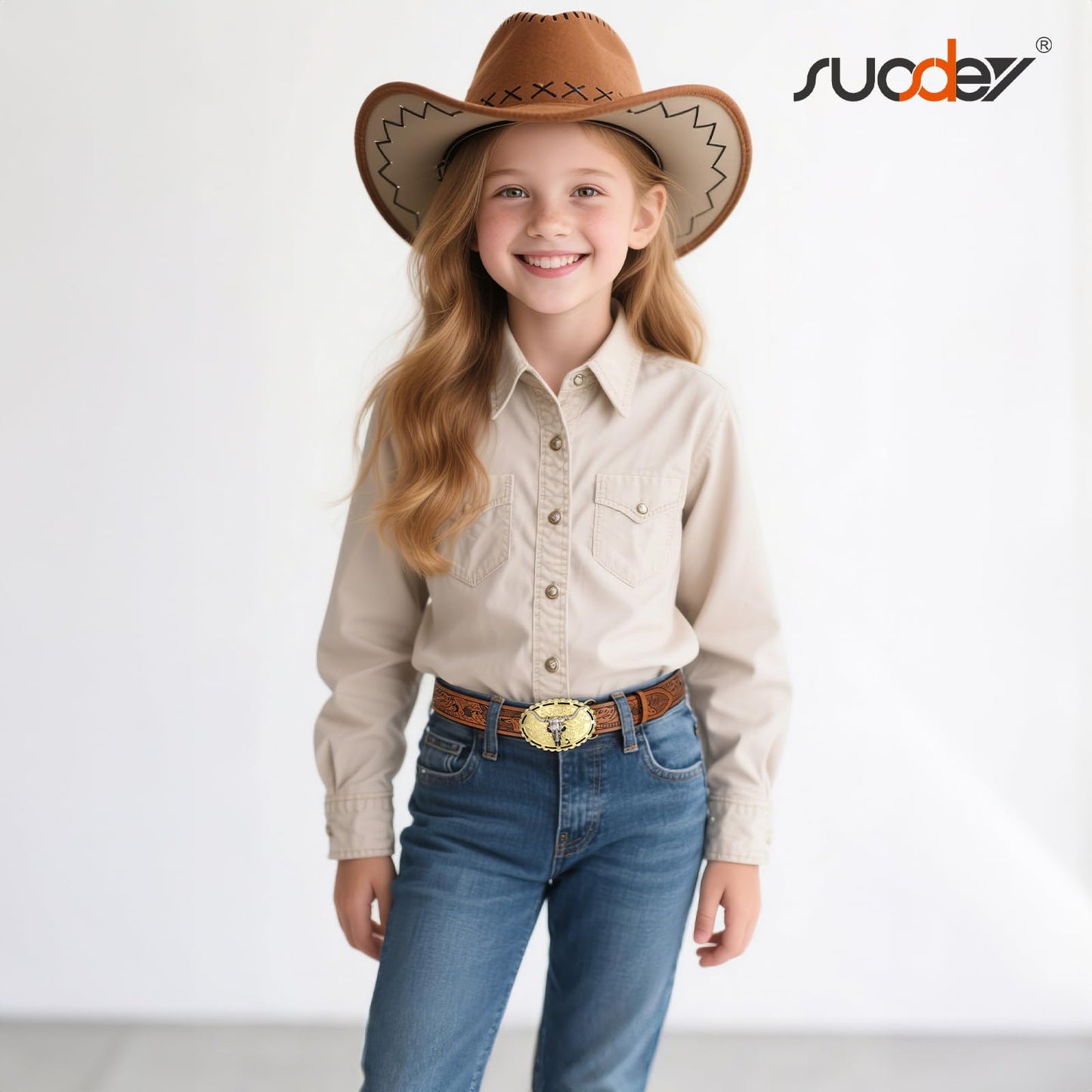 SUOSDEY Kids Western Cowboy Belt for Boys Girls,Toddler Cowgirl Embossed Leather Belt with Longhorn Bull Buckle