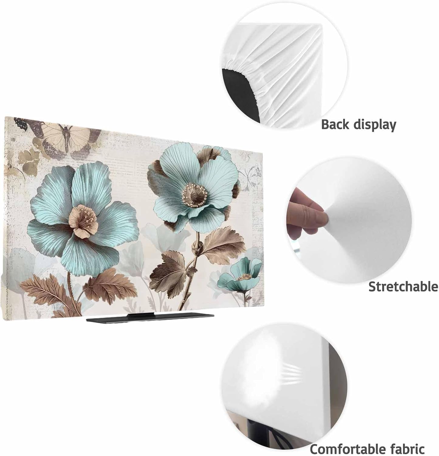 Yukro 65 Inch, 57"x32" Victorian Style Broccoli Butterfly Indoor TV Dust Cover, Blue Flowers Plant Elastic TV Dustproof