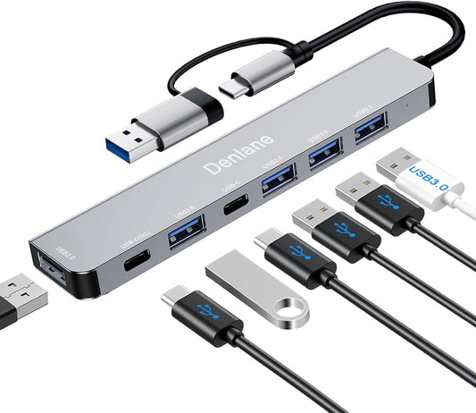 Denlane 3.0 7 2 USB2.0 USB C Hub USB Hub for Laptop, Upgrade in USB Splitter with USB-C & Multiport USB A Port