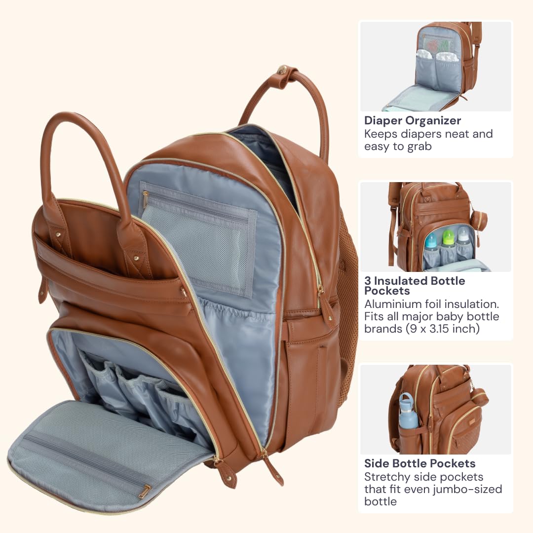 BabbleRoo Leather Diaper Bag Backpack - Baby Essentials Travel Baby Bag, Multi function, Water Resistant, with Changing Pad, Stroller Straps & Pacifier Case – Unisex, Natural Brown