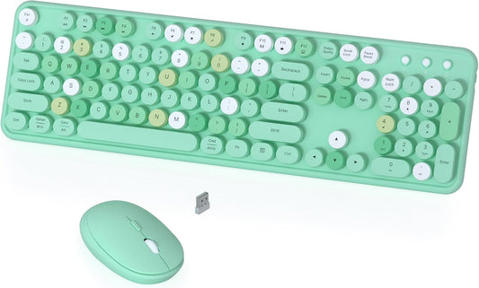 COVEVA 2.4GHz 104 Set Colorful Wireless Keyboard and Mouse Combo, Wireless Retro Cute Round Keycaps Keyboard, Keys