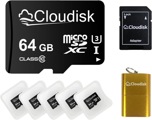 Cloudisk Pack 5 64GB C10 A2 U3 (64 of Micro SD Card Flash Memory Card Micro SDXC with SD Adapter, Card Reader GB)