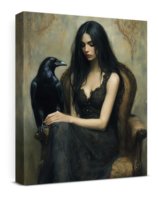 Vintage Halloween Black Raven Canvas Wall Art Gothic Dark Academia Framed Picture Painting Wall Decorations for Home Apartment Living Room Bedroom Decor 8x10 Inch