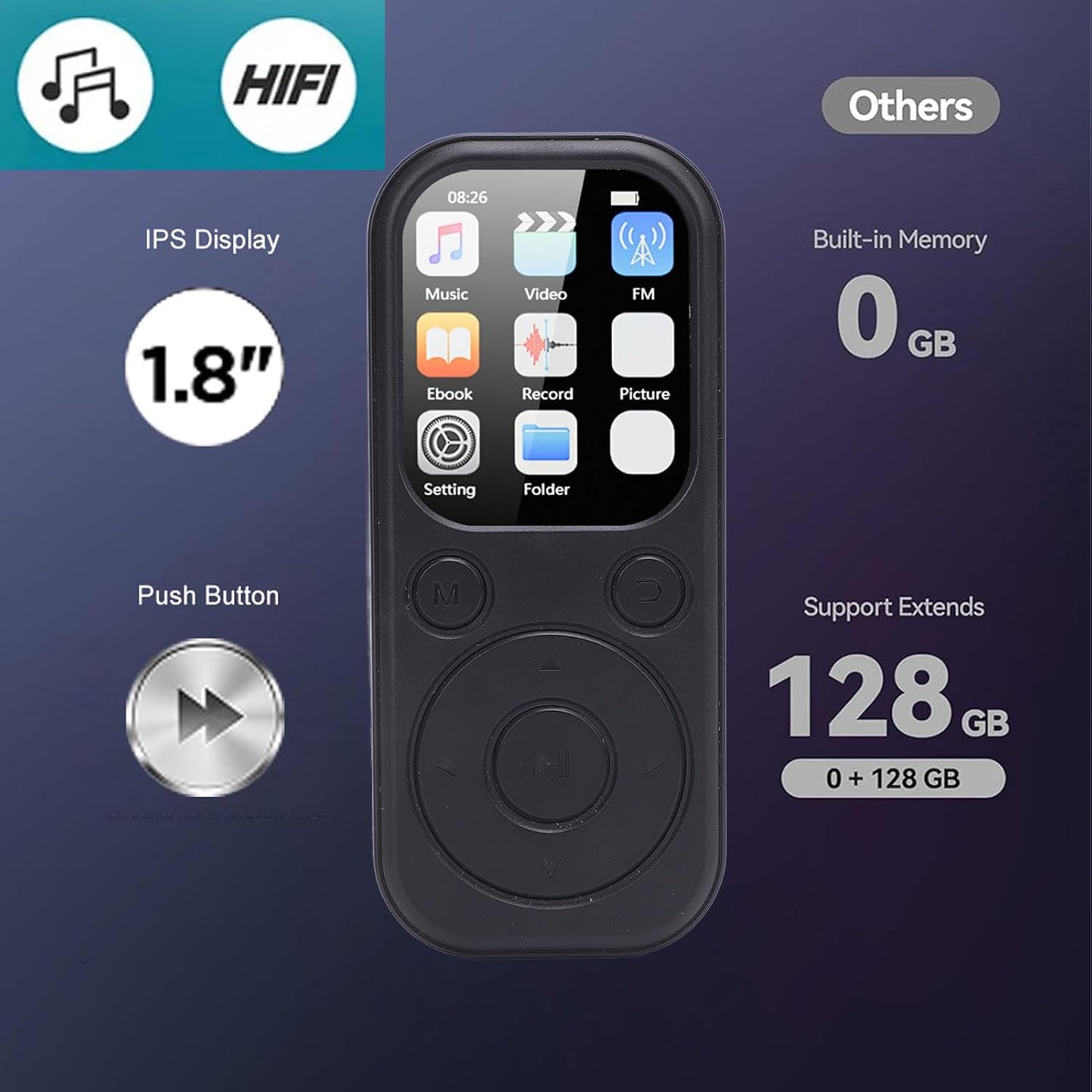 Bewinner MP3 5.4, 2.01 Inch 128GB Player with Bluetooth HiFi Sound Quality Portable Music Player with Screen