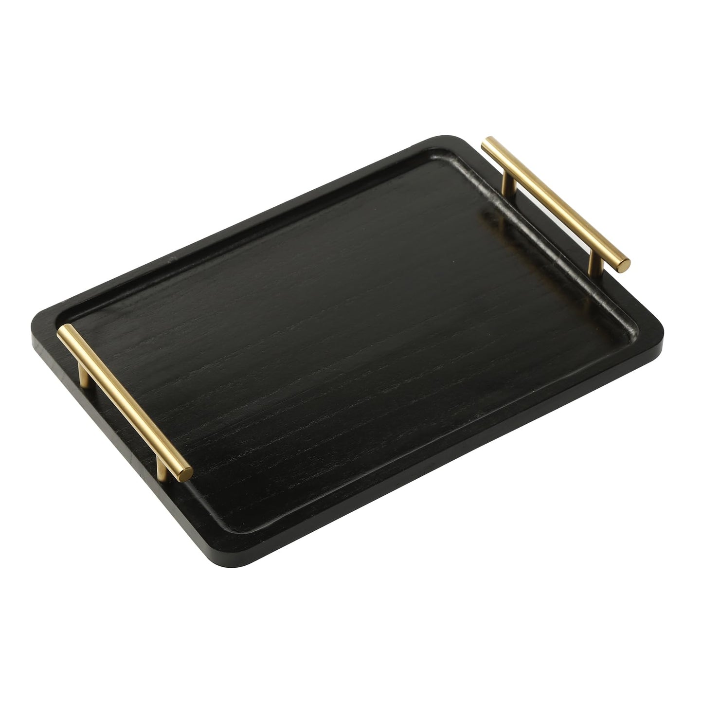 PEKER Wooden Serving Tray with Metal Handles, Black Decorative Coffee Table Tray for Breakfast in Bed, Ottoman & Home Décor, Wooden Food Tray for Kitchen, Living Room & Dining Table