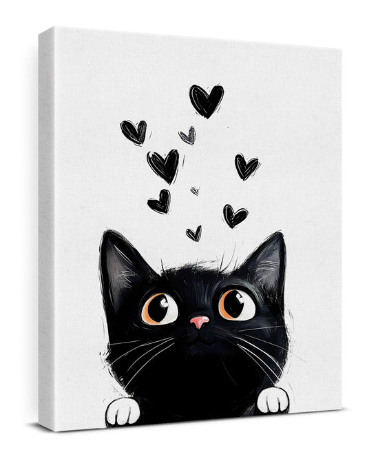 Cute Cartton Cat Canvas Wall Art Black Kitten Print Poster Framed Painting for Home Living Room Bedroom Wall Decor 8x10 Inch, Cat Lover Gifts