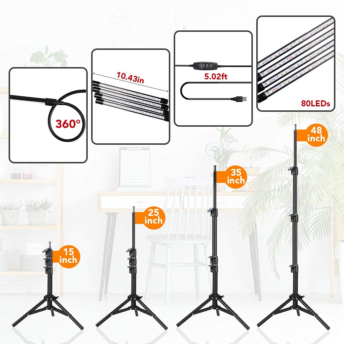 GHodec Grow Light with Stand, 5500K Full Spectrum Gooseneck Floor Plant Light for Indoor Plants Growing,5 Dimmable Levels & Auto On/Off Timer,Tripod Stand Plant Lamp Height Adjustable
