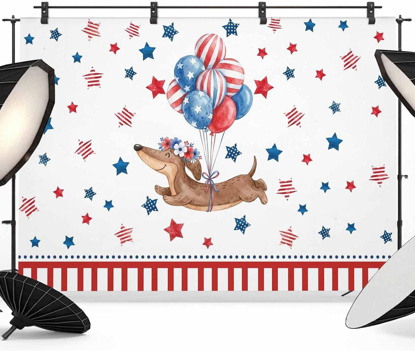 Generic 12 8 Independence Day Photo Backdrop for Photoshoot, x FT Flag Day Sausage Dog Blue Red Star Balloon Photo