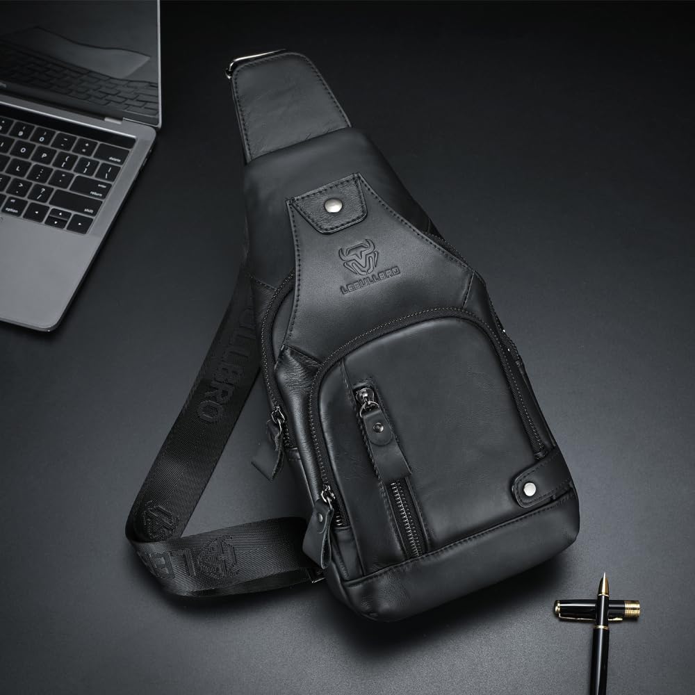 LEBULLBRO Sling Bag for Men Genuine Leather Chest Bag Crossbody Backpack Travel Hiking Outdoor Sports